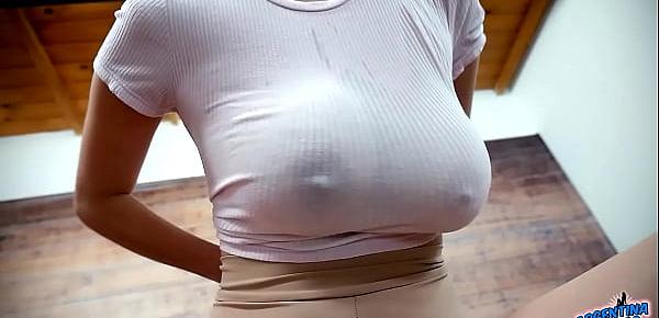 Huge Bouncy Natural Breasts on Skinny Teen! Amazing!